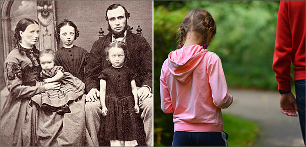 Foto av viktoriansk familj bredvid nutida foto av tjej och pappa som går ute